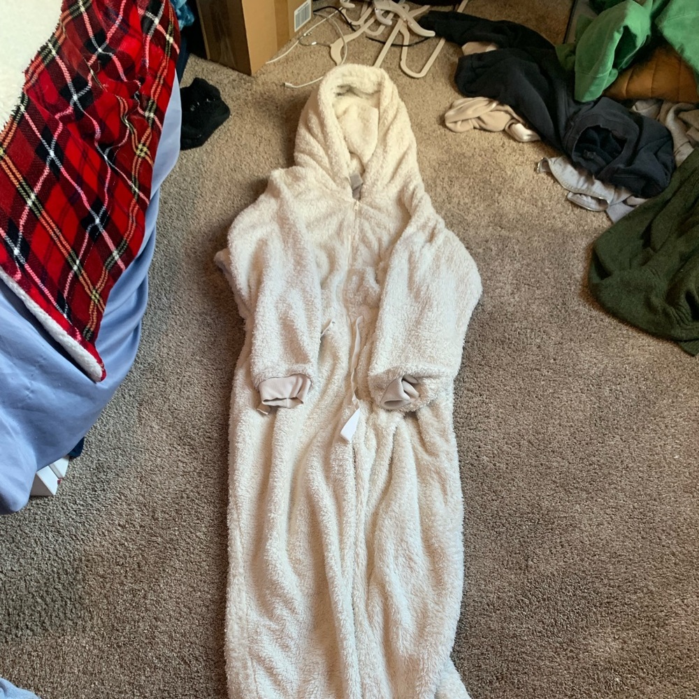 white fluffy hooded onesie